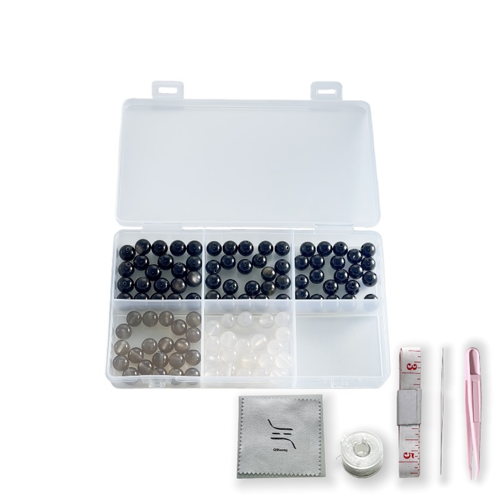 Kit de bijuterii pentru bratari, 8 mm, cu pietre naturale (agate neagra, agate alba, agate gri, obsidian auriu, obsidian argintiu in forme rotunde), multicolore, set de 110 bucati, pentru a crea 5 bratari personalizabile
