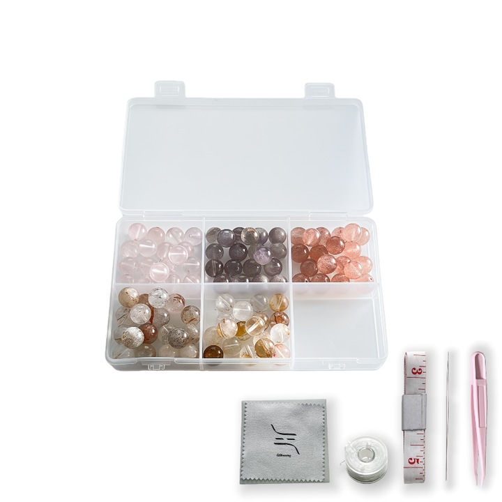 Kit bijuterii 90 buc., 10 mm: quartz Super Seven negru-auriu, roz, de coacaz, ametist si galben natural (rotunde) – multicolore, pt. 5 bratari personalizabile
