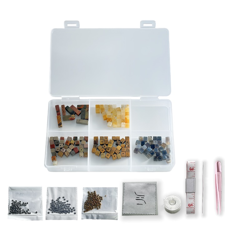 Kit bijuterii 300 buc., 4 mm: topaz natural, agata gri-neagra, pietre modelate, turmalina rosie Picasso – forme patrate/dreptunghiulare mici, multicolore, pt. 5 bratari personalizabile