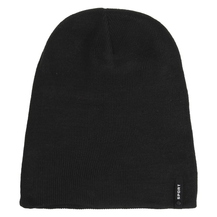 Caciula Beanie Neagra cu Patch Rubber "Sport" pentru Barbati