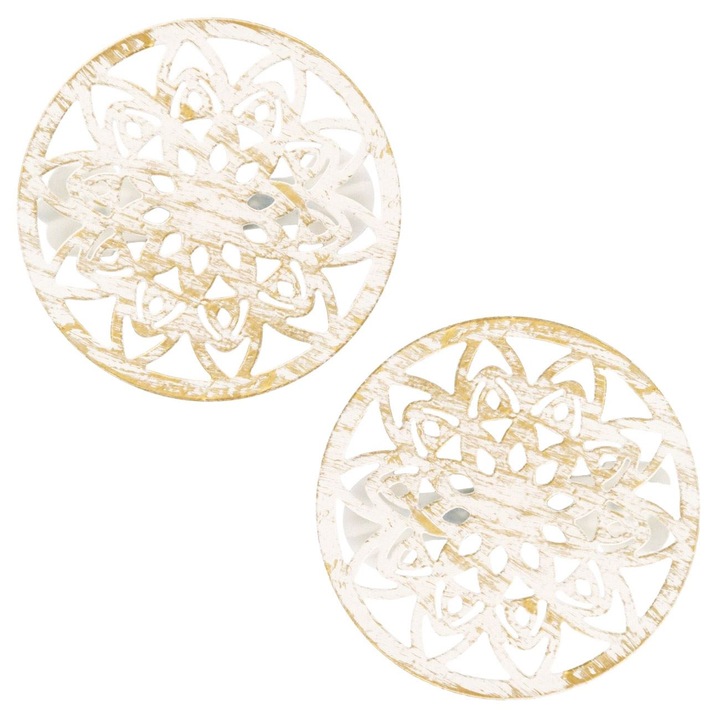 Accesorii perdea, brose decorative din lemn, model floare, alb aurie brushed, set 2buc, diametru 6.5cm