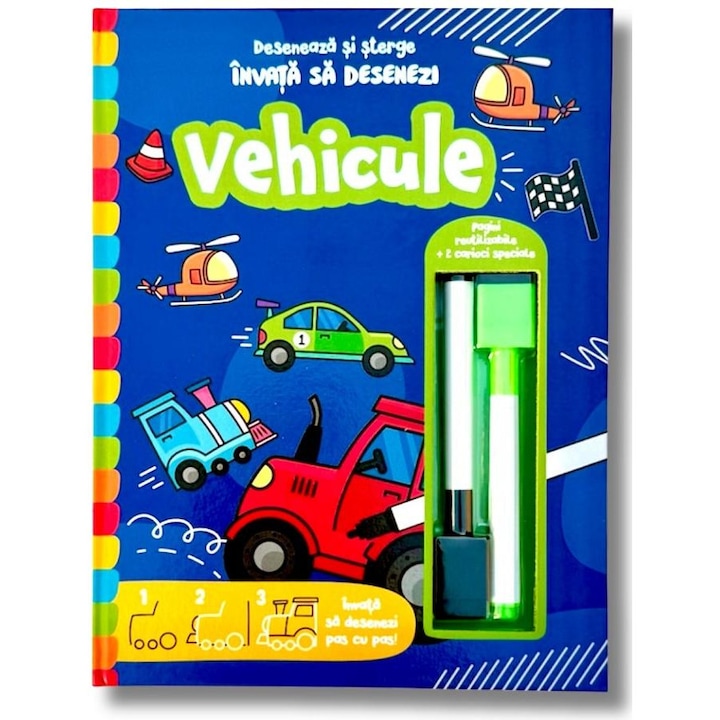 Invata sa desenezi Vehicule, Flamingo GD, Carte scrie si sterge cu 2 carioci speciale