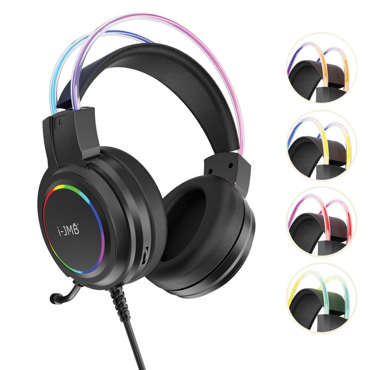 Casti gaming cu fir i-jmb, iluminare multicolor, microfon reglabil, cablu 1.6m