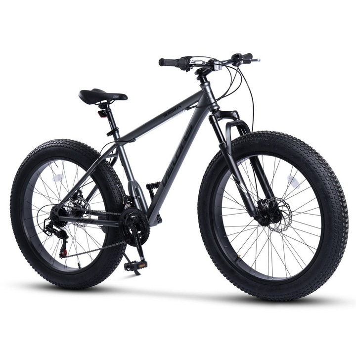 Велосипед Fat Bike MTB Hercules JSX2619, марка Velors, 26 инча колело, дискова спирачка отпред/отзад, оборудване Shimano, 21 скорости, сив с черен