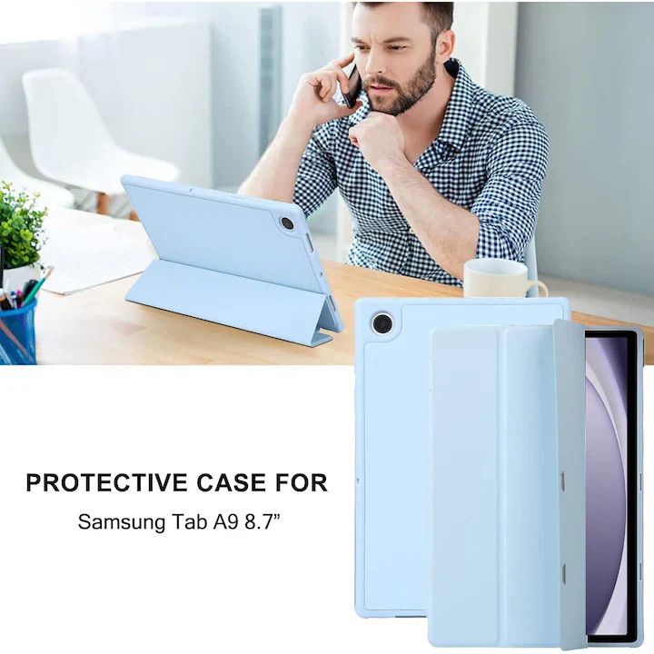 Husa pentru Samsung Galaxy Tab A11/A9 8, 7 inch, 2025/2023, TPU Smart Cover, set cu unghiuri de vizualizare dublu, albastru deschis