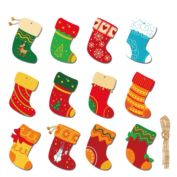 Set de 12 Ornamente Carduri Craciun cu Sfoara, Designuri Unice, Decoratiuni pentru Pomul de Craciun, Multicolor