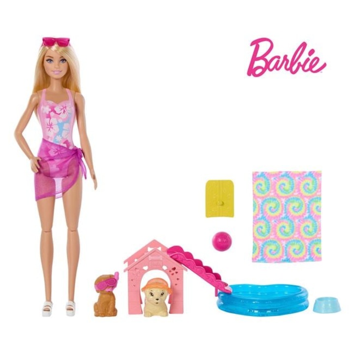Papusa Barbie Puppy Pool Party, set de joaca cu catel si tobogan, schimbare de culoare, multicolor, 33x9cm