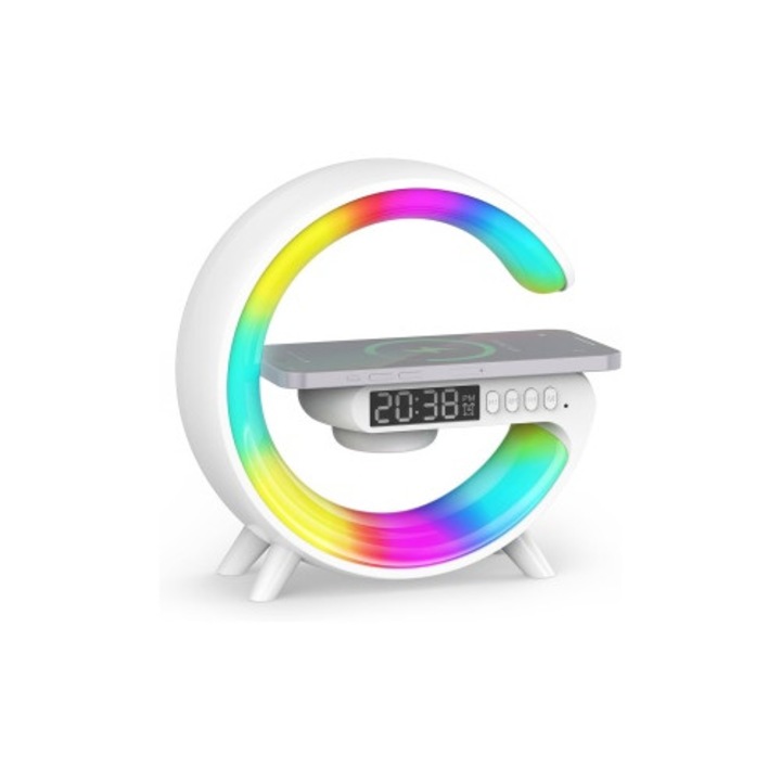 Boxă Multifuncțională 4in1, Lampa LED RGB, Difuzor Bluetooth, Încărcător Wireless, Ceas cu Alarma, 155x55x160mm