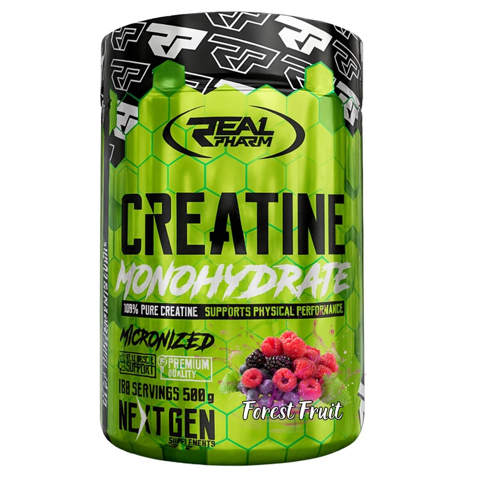 Creatina Monohidrata Real Pharm, Pudra 500g, Creapure, Creatina Monohidratata pentru masa musculara, Fructe de Padure
