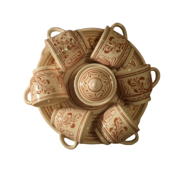 Set pentru cafea din ceramica de Corund din 8 piese, lucrat manual de mesteri populari