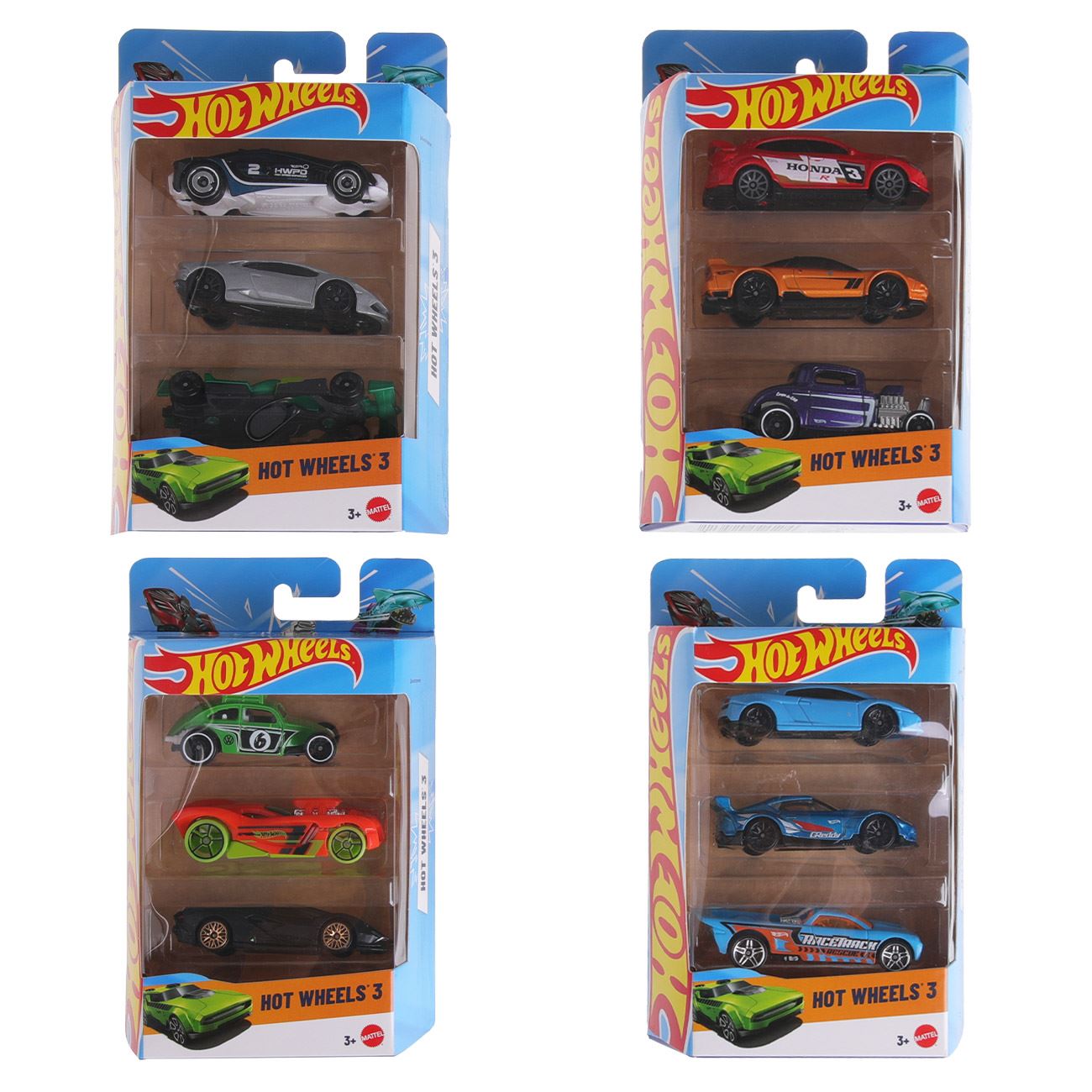 Set masinute Hot Wheels, 3 piese, detalii autentice, multicolor