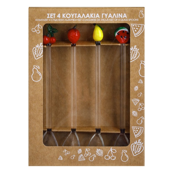 Set lingurițe din sticlă cu model fructe colorate, 14cm, 4 bucati