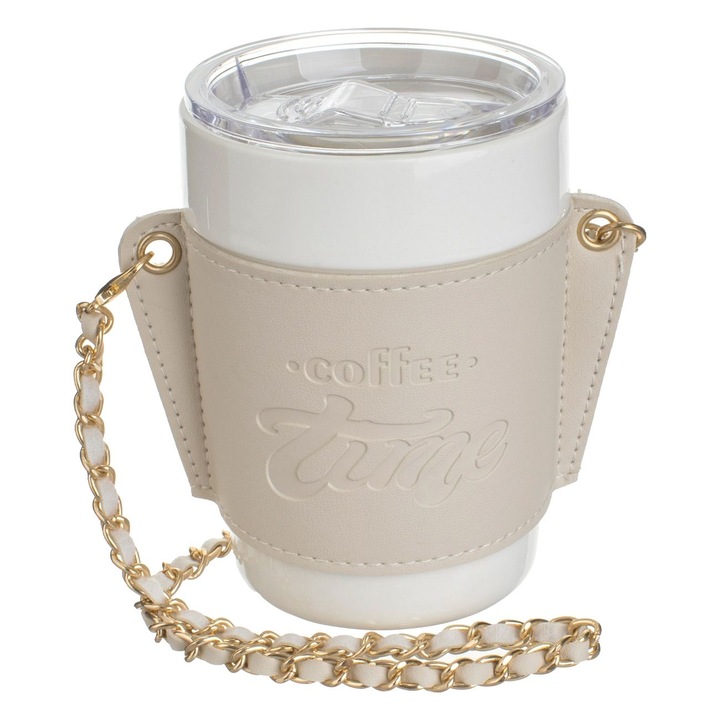 Бежова керамична чаша 420мл с маншон от изкуствена кожа и златна верижка