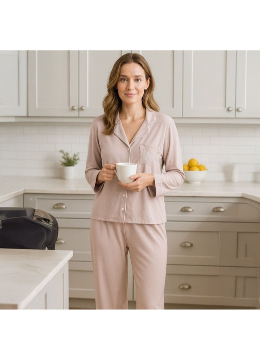 Set pijama de iarnă roz nude pentru femei, textură moale, strasuri, One Size INTL