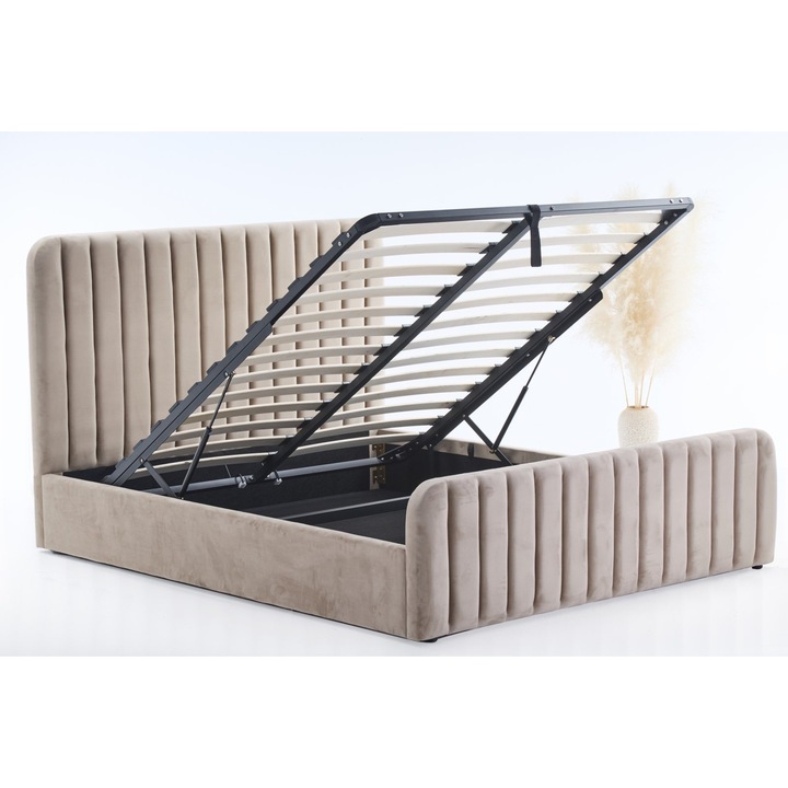 Pat Melinda 180x200 cm Lada Depozitare Somiera Rabatabila Tapitat Catifea Bej Somiera Inclusa ML2202A Marketmob