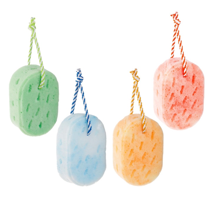 4 darab többszínű fürdőszivacs, akasztózsinórral