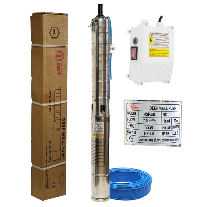 Pompa submersibila de adancime DDT 4SP5/8 – 1.5 kW, 2 CP, 7 m³/h, 70 m inaltimea de refulare, 8 turbine cu panou de control
