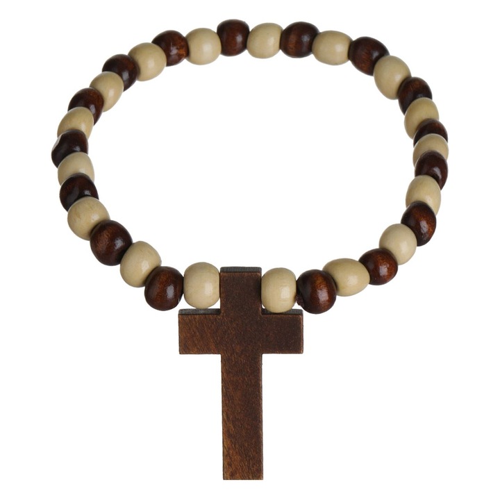 Autóillatosító, fa rózsafüzér figura kereszttel, fekete kristály illattal