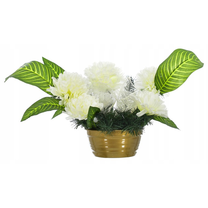 Aranjament floral, JUMI, compozitie piatra funerara, 5 flori artificiale, ghiveci decorativ