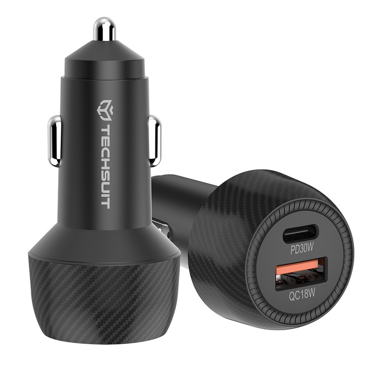 Încărcător auto Techsuit CarbonVolt C7, rapid 48W, USB-C, QC3.0, PD30W, Negru