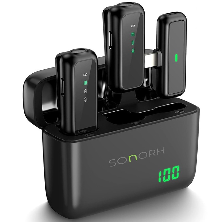 Set 2 Microfoane Wireless SONORH Lavaliera, USB Type-C, Carcasa de Incarcare, Noise Cancellation, 50 ore Autonomie