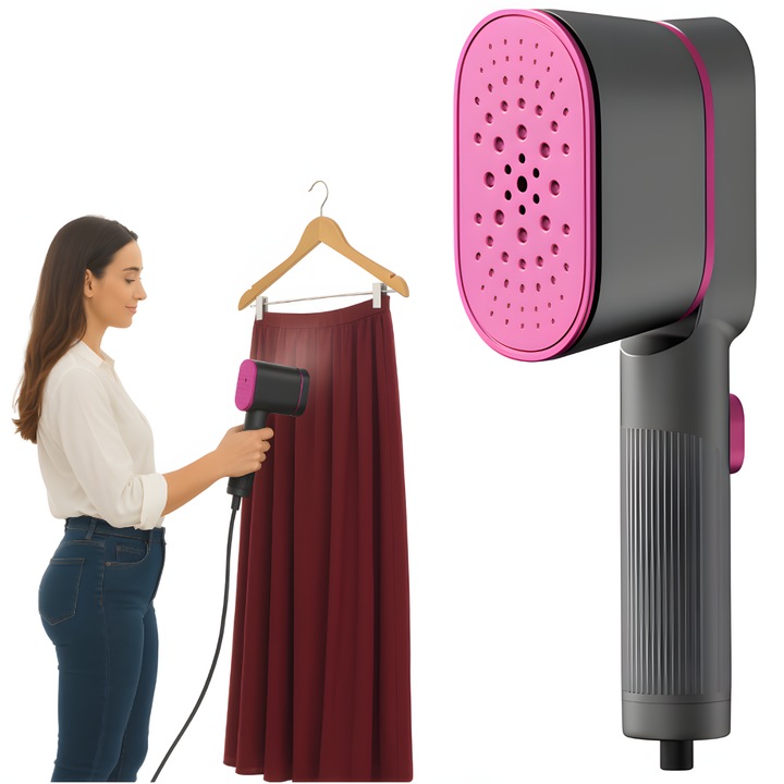 Aparat de Calcat Vertical si Orizontal, Nerele, Fier de Calcat cu Aburi 2 in 1, Putere 1000W, Incalzire Rapida 9s, Rezervor 60ml, Abur Puternic Anti-Cute, Talpa Antiaderenta, Portabil pentru Acasa si Calatorii, Gri/Roz