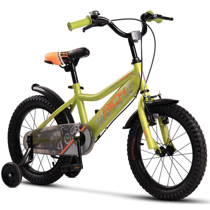 ERBR1605A MTB gyermekkerékpár 16" kerekekkel, első V-fékkel/hátsó dobfékkel, segédkerekekkel, sárvédőkkel, lila/rózsaszín, Rich Baby Kids Bike 4/6 éves gyermekeknek Új generáció
