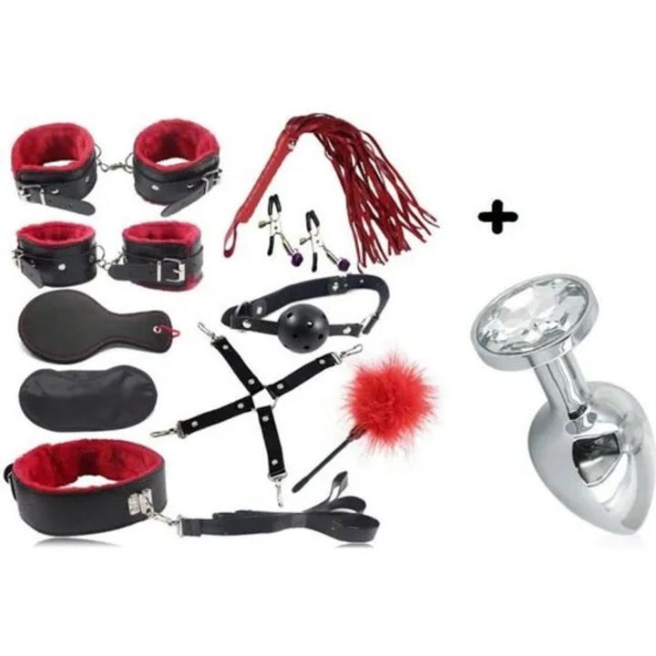 Teljes Készlet Kötözés Készlet Sm Submission Fetish - Fekete - Piros - 11 Darabos: Rózsabimbó, Bilincs, Szemkötő, Ostor, Golyó, Szorítók