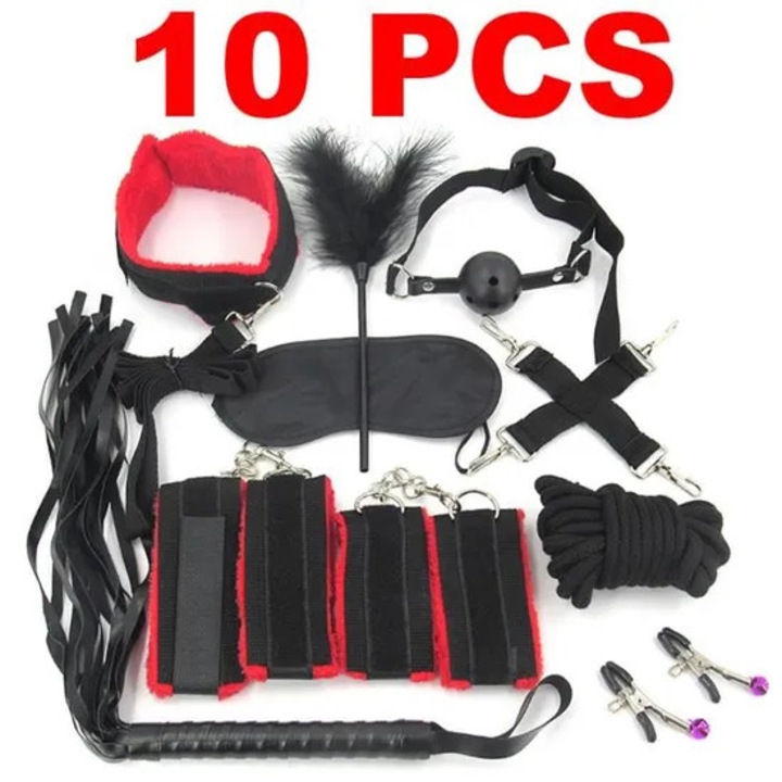 10 db-os piros nejlon bőr kötözőkészlet bilinccsel, ostorral, anális dugóval, lövedékkel, vibrátorral és erotikus játékokkal