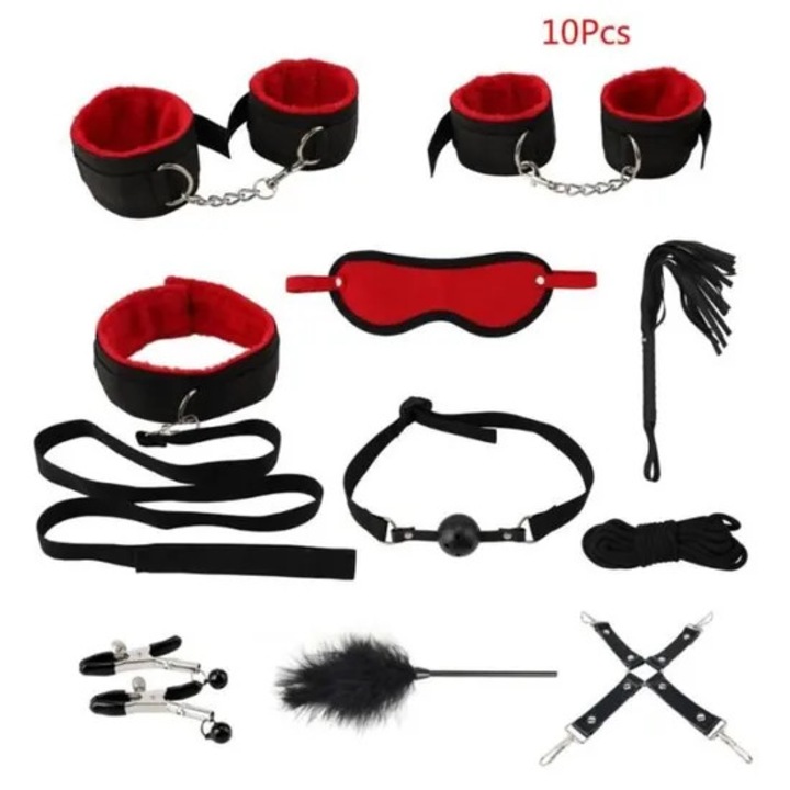 Piros felnőtt szexuális játékszerek, kötözőkészlet, bilincsek, mellbimbó-szorítók, szemkötő nőknek
