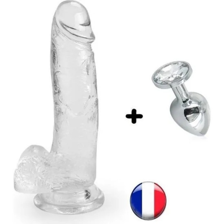 Nagy, valósághű, zselés kristályos, puha tapadókorongos dildó 20, 5 cm - ÁTLÁTSZÓ + 1 db S-es méretű ROSEBUD ANÁLIS DUGÓ ingyenes