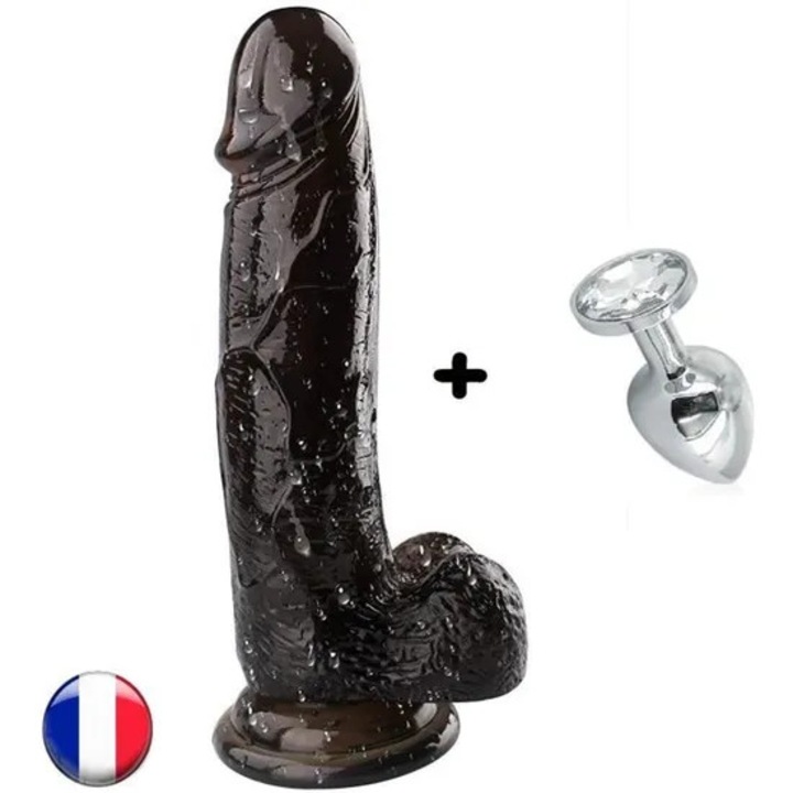CSOMAG: Nagy, valósághű, zselés tapadókorongos dildó, lágy kristályokkal, 20, 5 cm - FEKETE + 1 db ROSEBUD ANÁLIS DUGÓ, S méret, ajándék