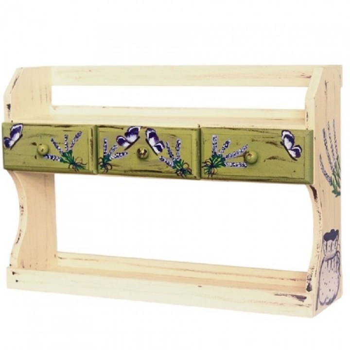 Etajera din lemn, Lavanda, pictata manual, 3 sertare, Multicolor, 59cm x 14 cm x 40cm