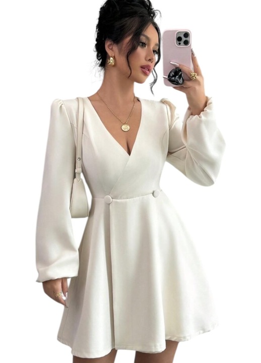 Rochie casual, crem, stil sacou, cu maneca lunga, xl