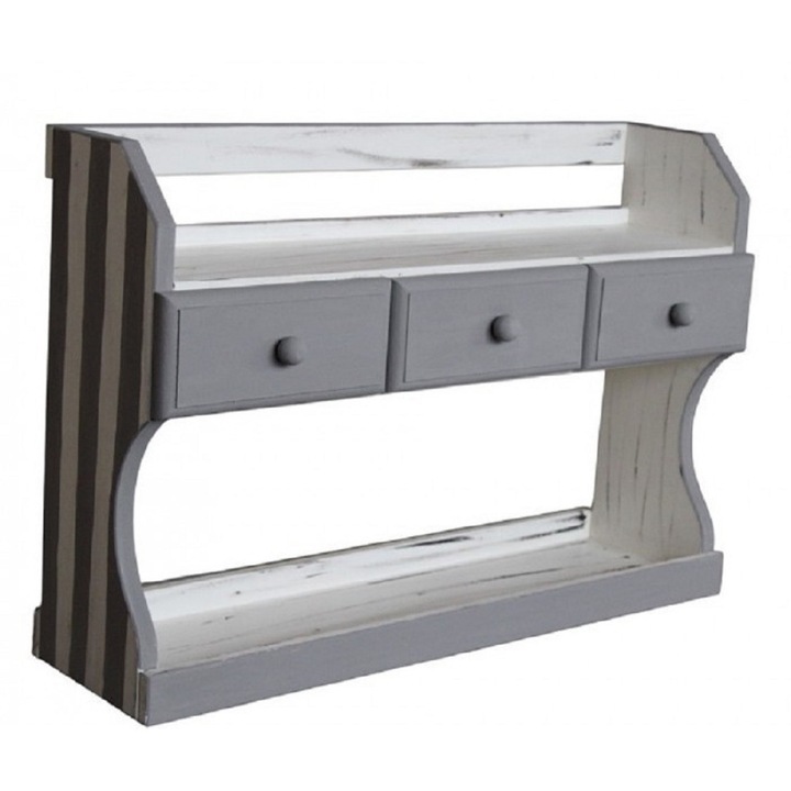 Etajera din lemn, pictata manual, 3 sertare, alb si gri, 59cm x 14 cm x 40cm