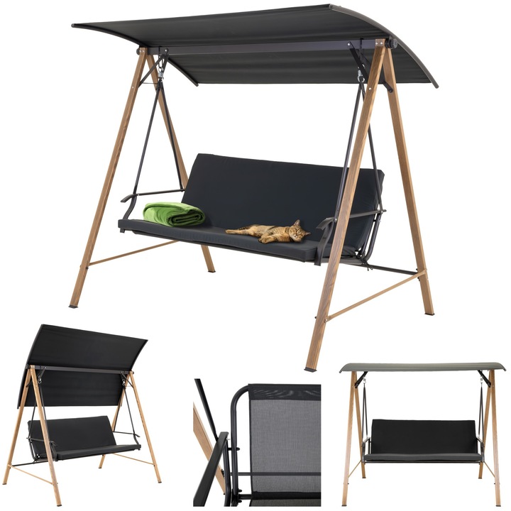 Kerti hintaágy, 3 személyes, acél, Dralon párna, poliészter tető, 164-224x170x138cm