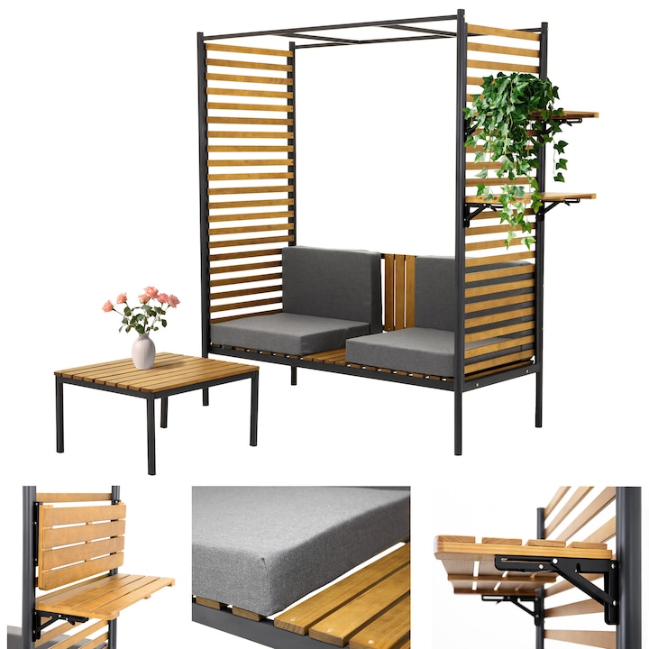 Pergola din lemn cu banca, masa si rafturi, 186x160x68,5cm, set cu perne