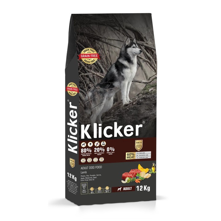 Száraztáp felnőtt kutyáknak, gabonamentes, Klicker, bárányhússal és zöldségekkel, 12 kg, szuper prémium, kiegyensúlyozott emésztés, napi vitalitás, egészséges szőrzet