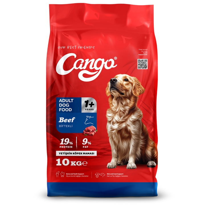 Hrana uscata pentru caini adulti, Cango, cu carne de vita, sac 10 kg, reteta nutritiva pentru energie, digestie sanatoasa si imunitate puternica