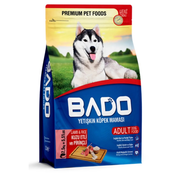 Hrana uscata caine adult, Bado, cu carne de miel si orez, 2,5 kg, digestie echilibrata, blana sanatoasa, energie zilnica