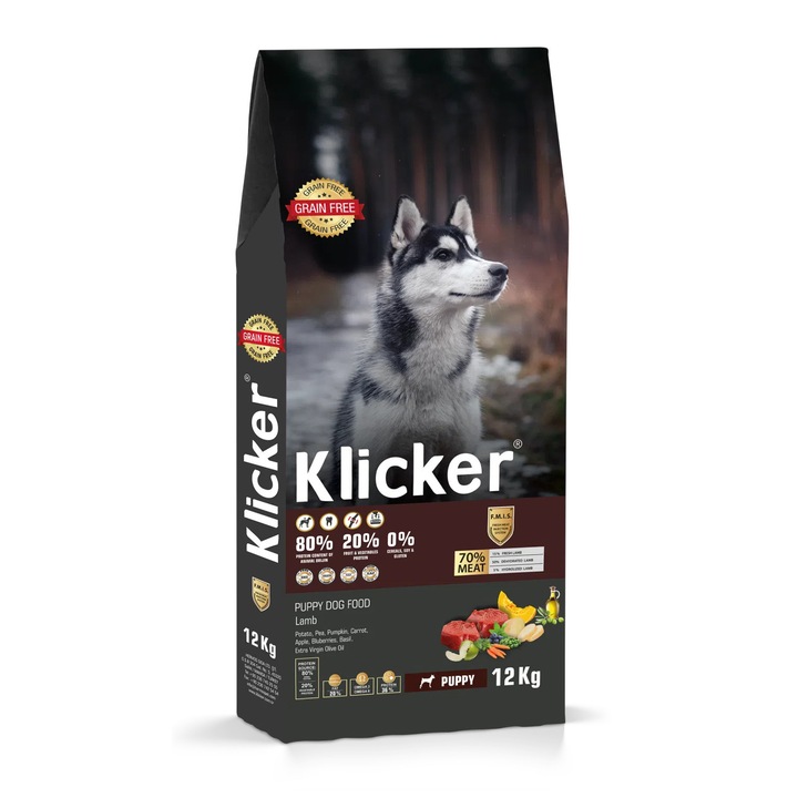 Hrana uscata caine junior, fara cereale, Klicker, cu carne miel si legume, 12 kg, super premium, digestie echilibrata, imunitate puternica, crestere sanatoasa