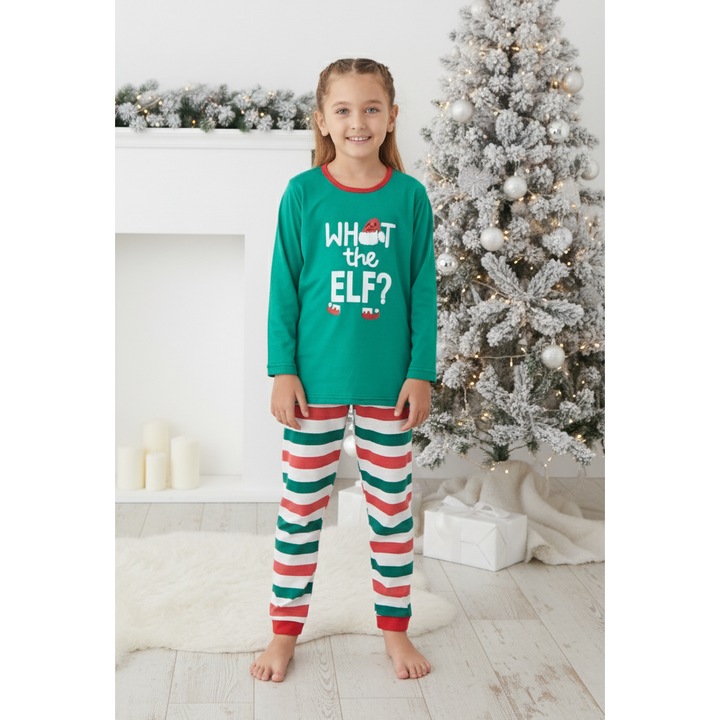 Pijama copii, imprimeu Craciun din bumbac, verde 03003 12690, Verde