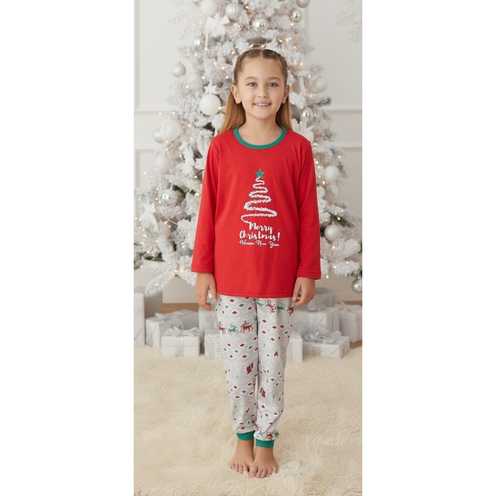 Pijama copii, imprimeu Craciun din bumbac, rosu 03004 12695, Rosu