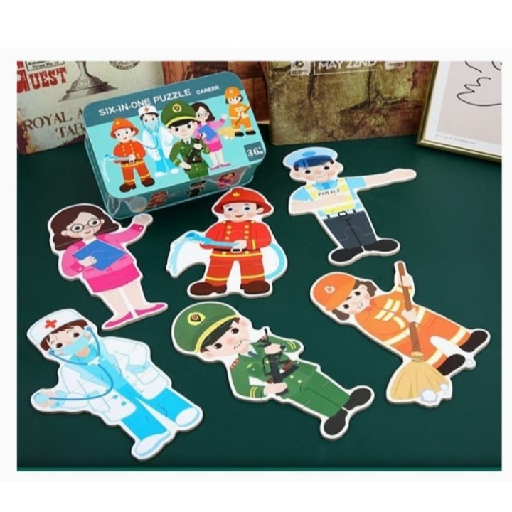 Puzzle educativ meserii, cutie metalică, 6 imagini, 3+ ani, carton