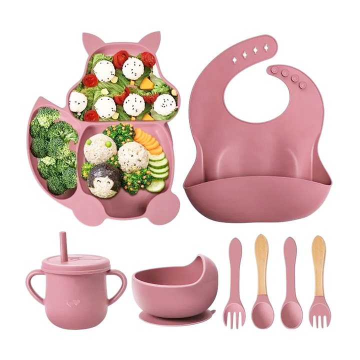 Set de 8 piese de vesela din silicon pentru bebelusi, incluzand baveta, cana, farfurie, doua seturi de linguri si furculite si cana. Fara alergeni, cu design de veverita, roz