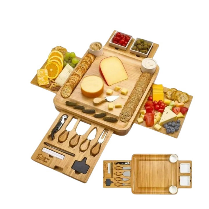 Set platou pentru prezentare, servire, bambus cu ustensile, charcuterie, 3 platouri ceramica, 3 cutite otel, farfurie din lemn, tava pentru branzeturi, aperitive, mezeluri, biscuiti, nuci, deserturi, rotund, lemn, 33x40x5 cm