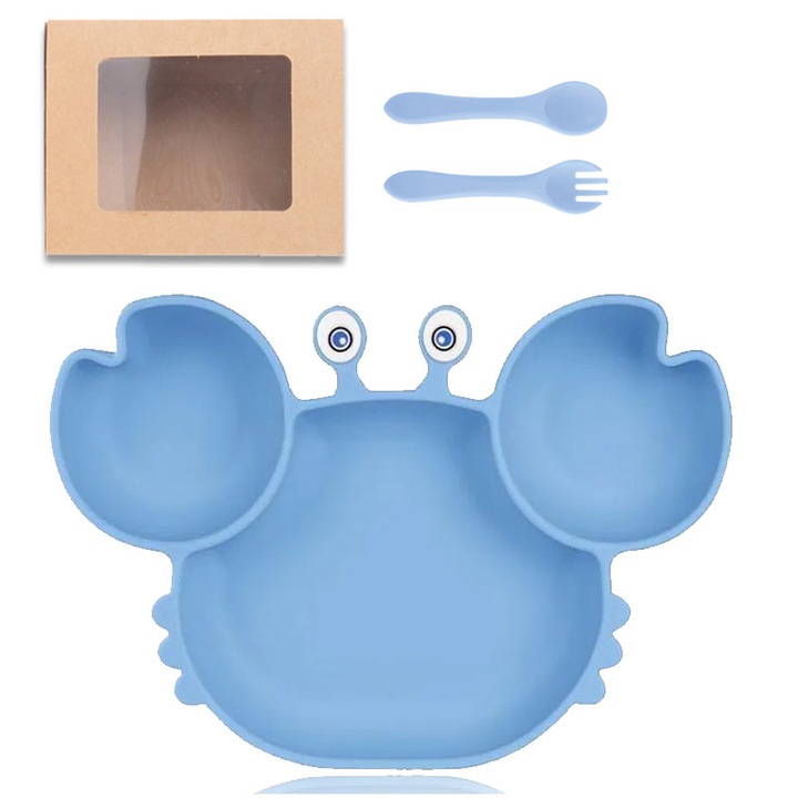 Set de masa pentru copii din silicon, format din 3 piese, in forma de crab, cuprinzand o farfurie si o pereche de lingura si furculita. Sigur si sanatos, de culoare albastra