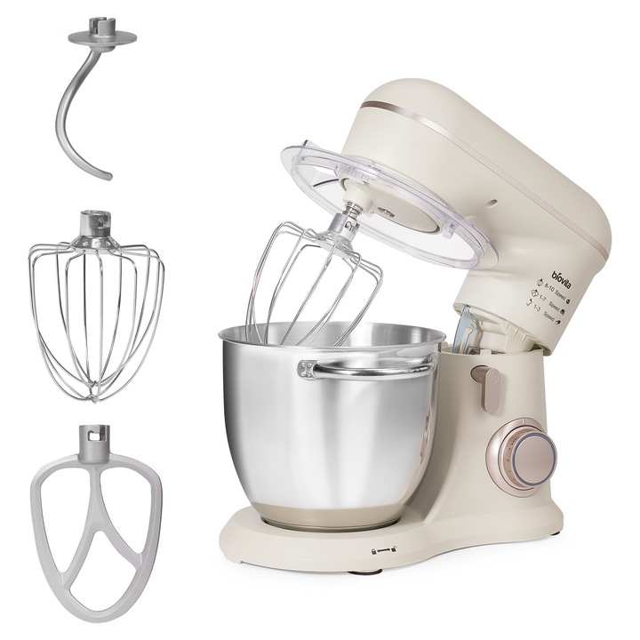 Mixer cu bol, Biovita ELLA, 1300W, Bol Inox 4.5L, 10 Viteze, 3 Accesorii, Design Compact, Crem