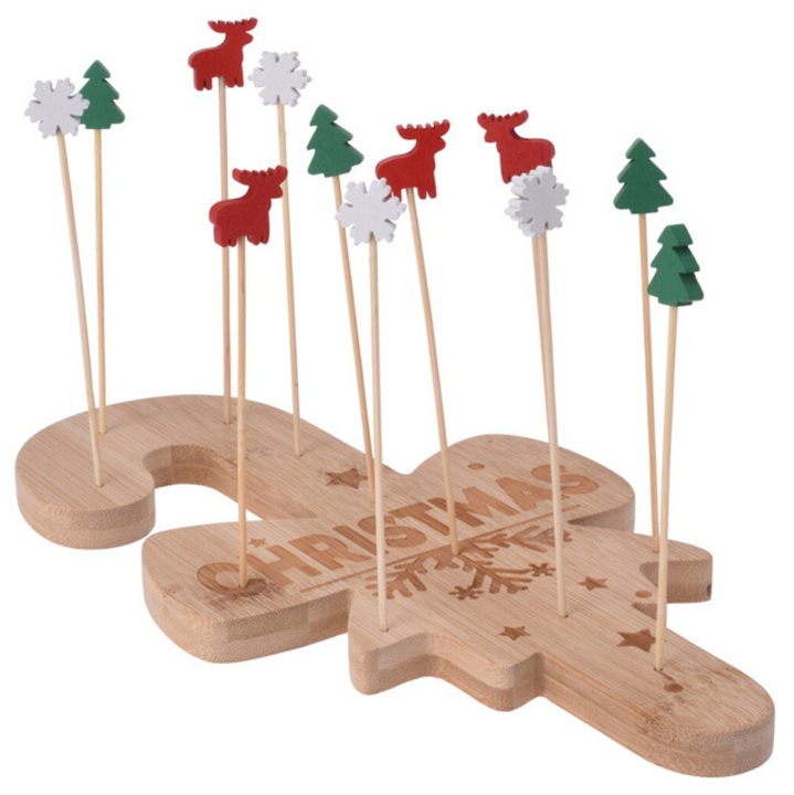 Tavă pentru servirea frigaruilor din bambus, EH Excellent Houseware, formă de baston de zahar, 25x14x12, 5cm, maro, set cu scobitori