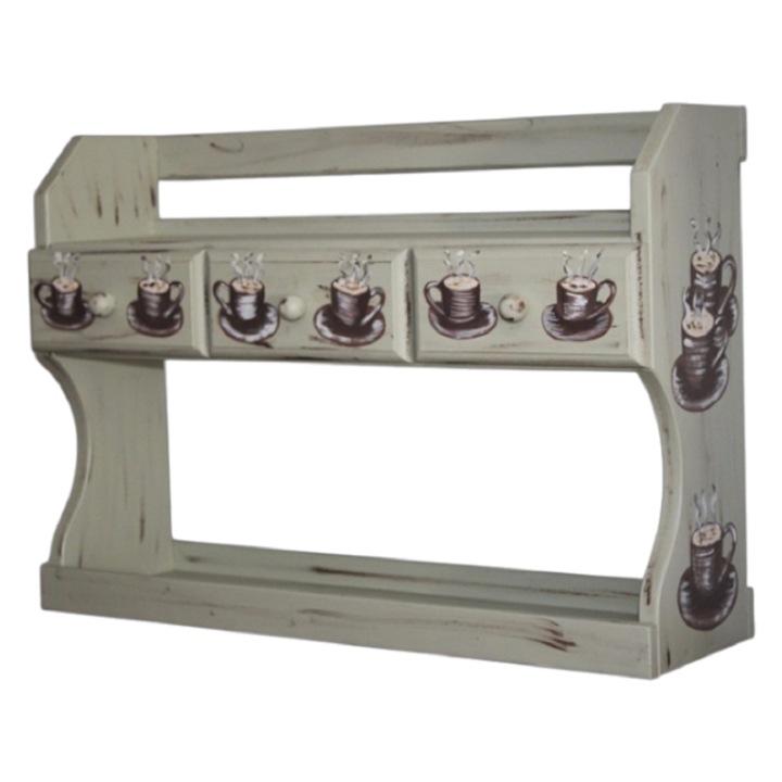 Etajera din lemn, pictata manual, verde deschis vintage si maro, 3 sertare, 59cm x 14 cm x 40cm